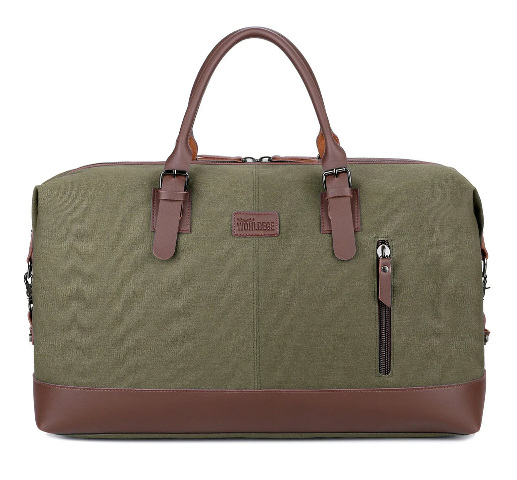 Canvas travel bag for men, square vertical shape in light grey, with shoulder strap and zipper closure