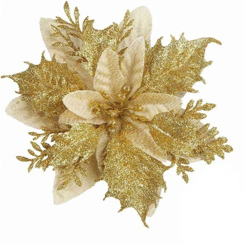 14cm gold artificial Christmas flower with double-layer blossom on white background