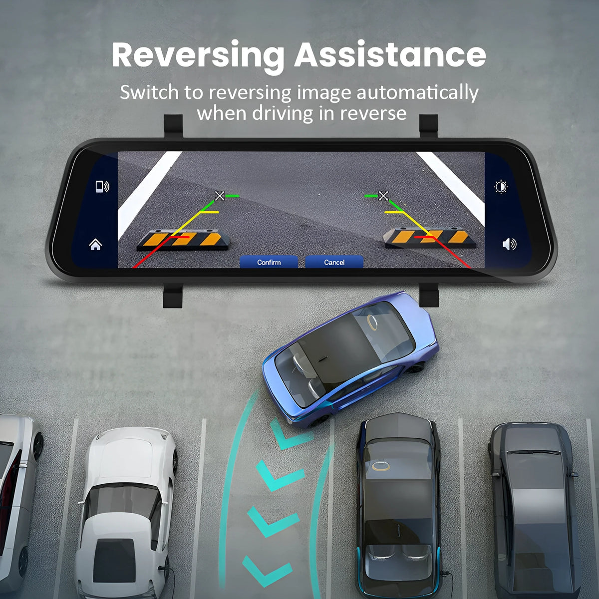 9.66-inch in-mirror car display showing split-screen view from front dashcam and waterproof rear camera.