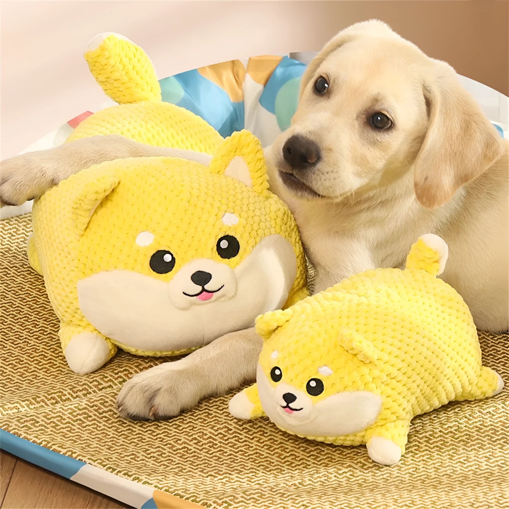 Plush calming dog toy with squeaker for puppy teeth cleaning and anxiety relief
