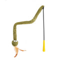 Green cat teasing wand with feather attachment on 140 cm pole