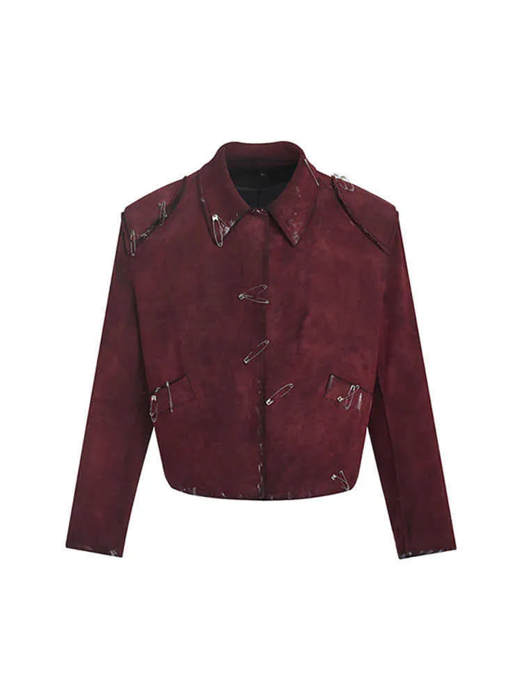 Red men's quilted jacket with decorative pin design and lapel collar, loose fit styling