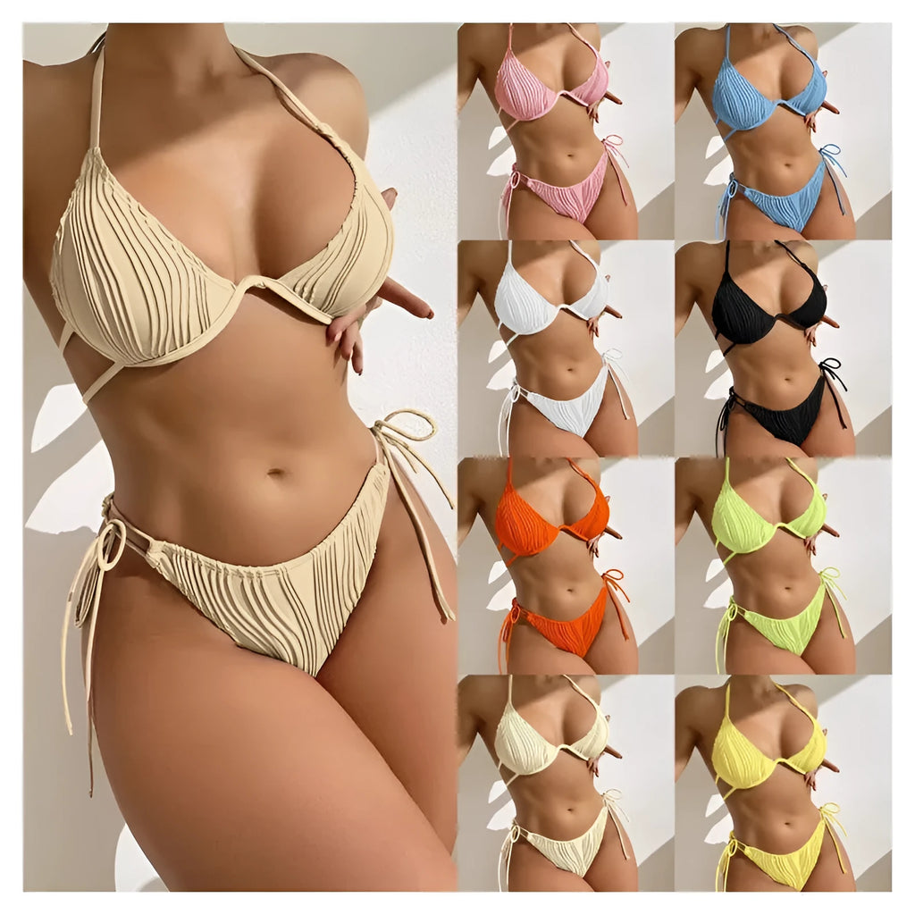 Women's apricot coloured underwire bikini top and bottom set for swimming.