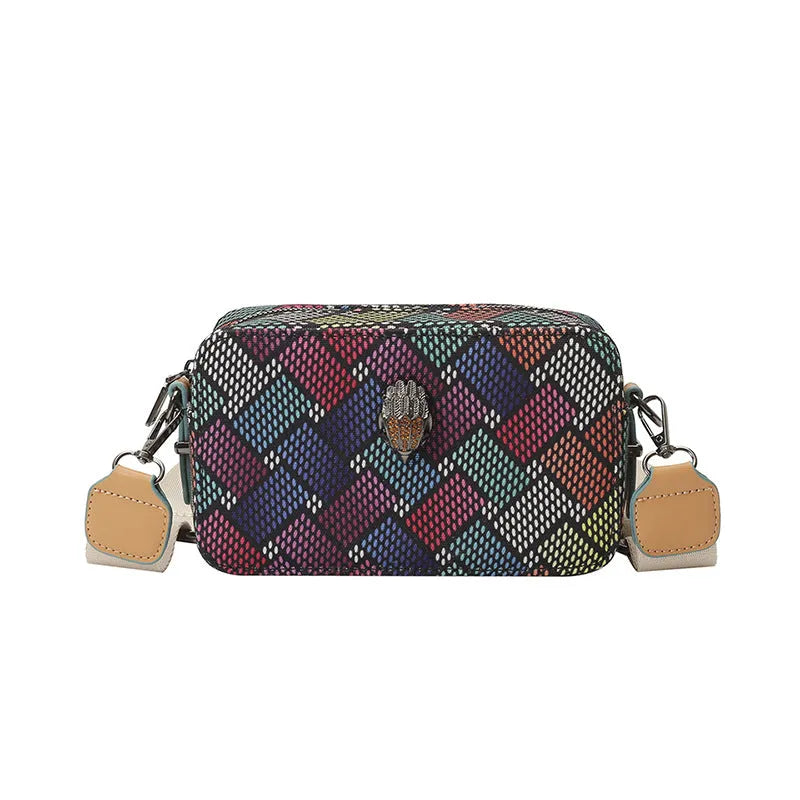 PU crossbody camera bag with wide strap, soft horizontal square shape, blue or multi-colour
