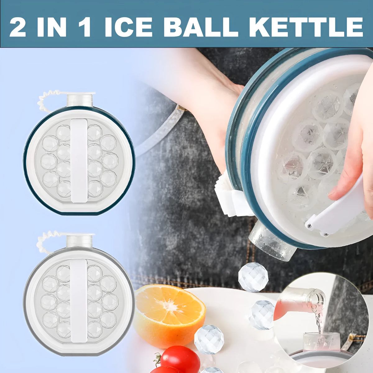 2 In 1 portable plastic ice bottle cold kettle 800ml in blue with handle and ice grid maker