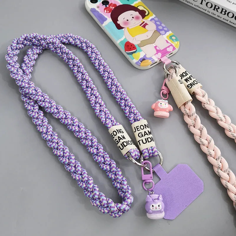 Long crossbody nylon phone lanyard with three-strand horse tail pendant and clip in assorted colours