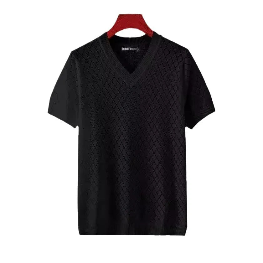 Men's ice silk cut-out V-neck T-shirt in Korean style with short sleeves for summer leisure wear