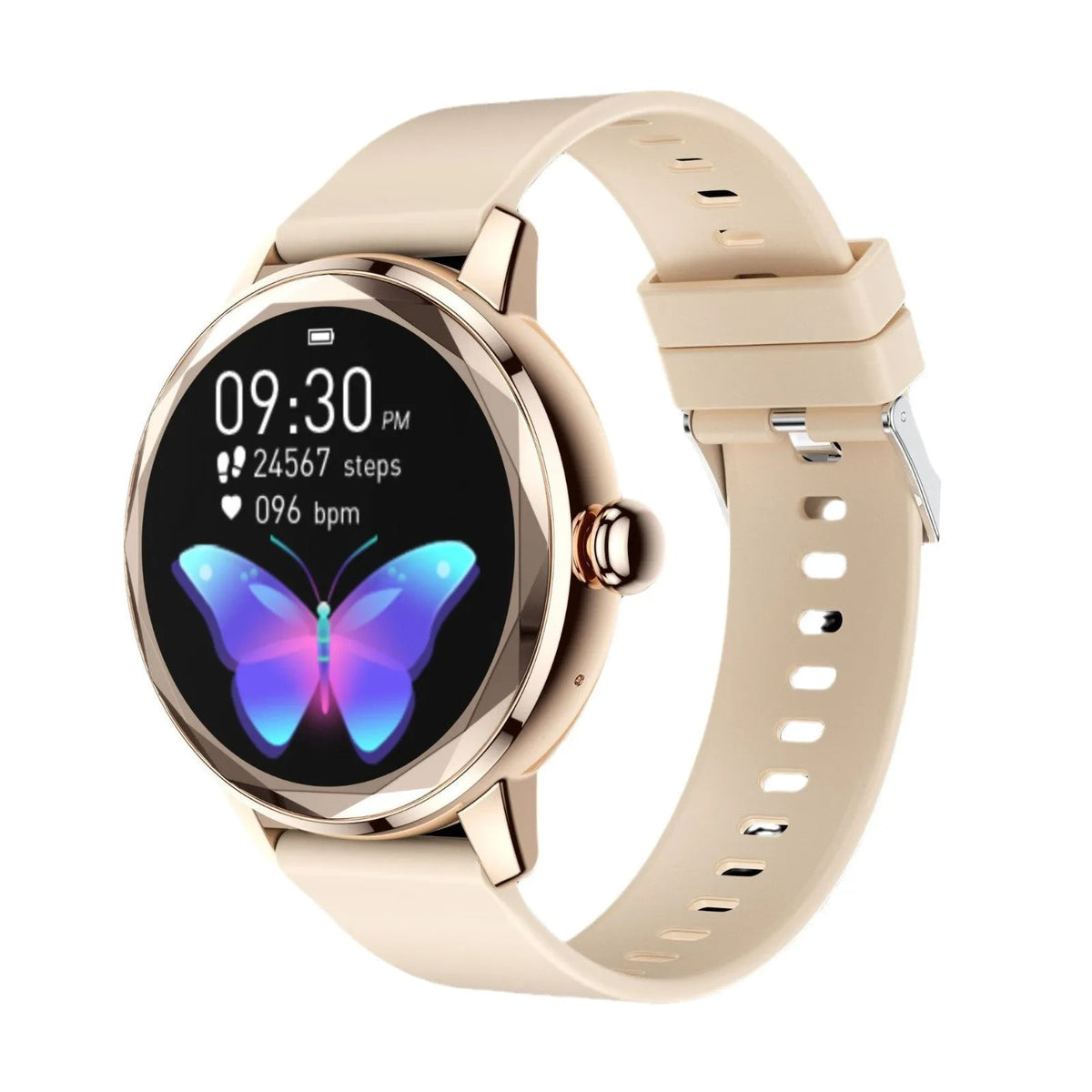 Ladies smart watch in rose red showing heart rate and blood oxygen monitoring on TFT screen