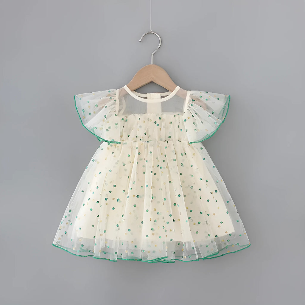 Green striped yellow children's sleeveless dress with A-line skirt and overall romper design