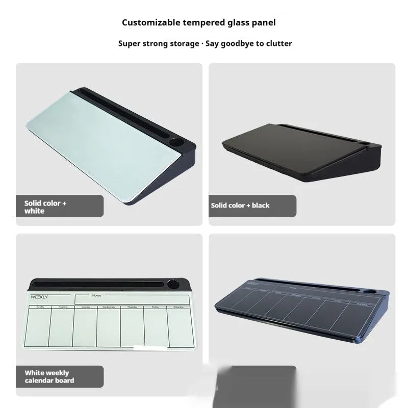 Glass whiteboard 18x40cm with black frame and marker on desk