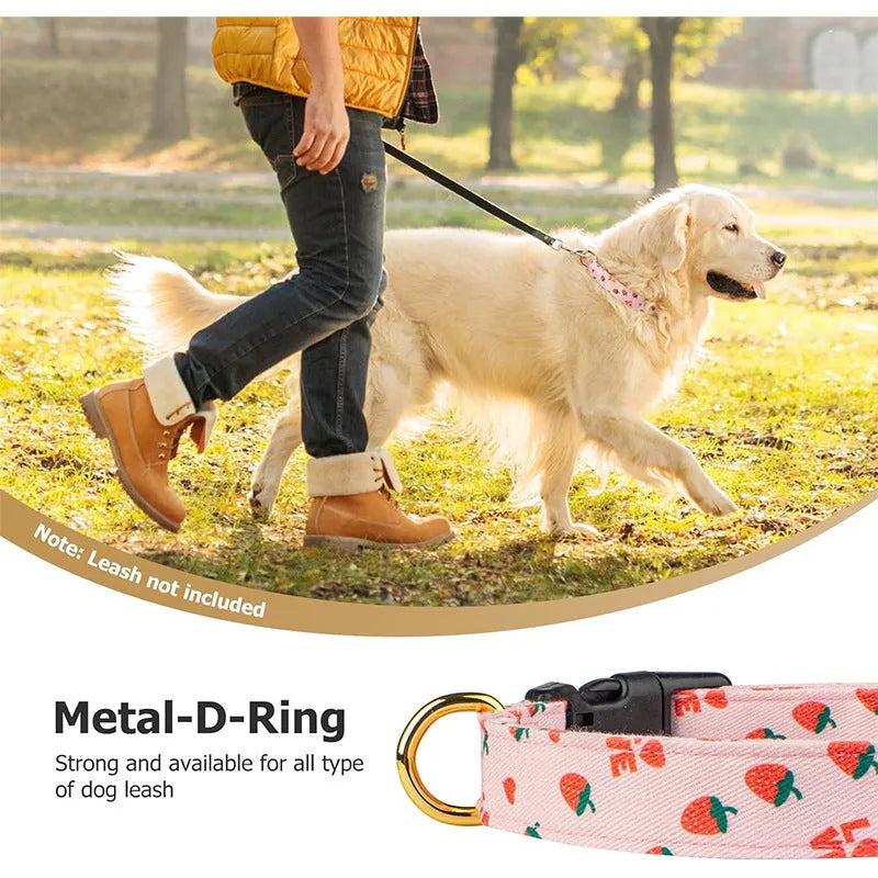 Adjustable polyester floral dog collar in Pink with buckle and slide adjuster on white background