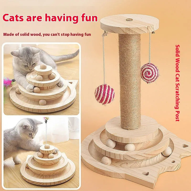 Solid wood turntable cat teaser with scratching post in double-layer design for indoor cats