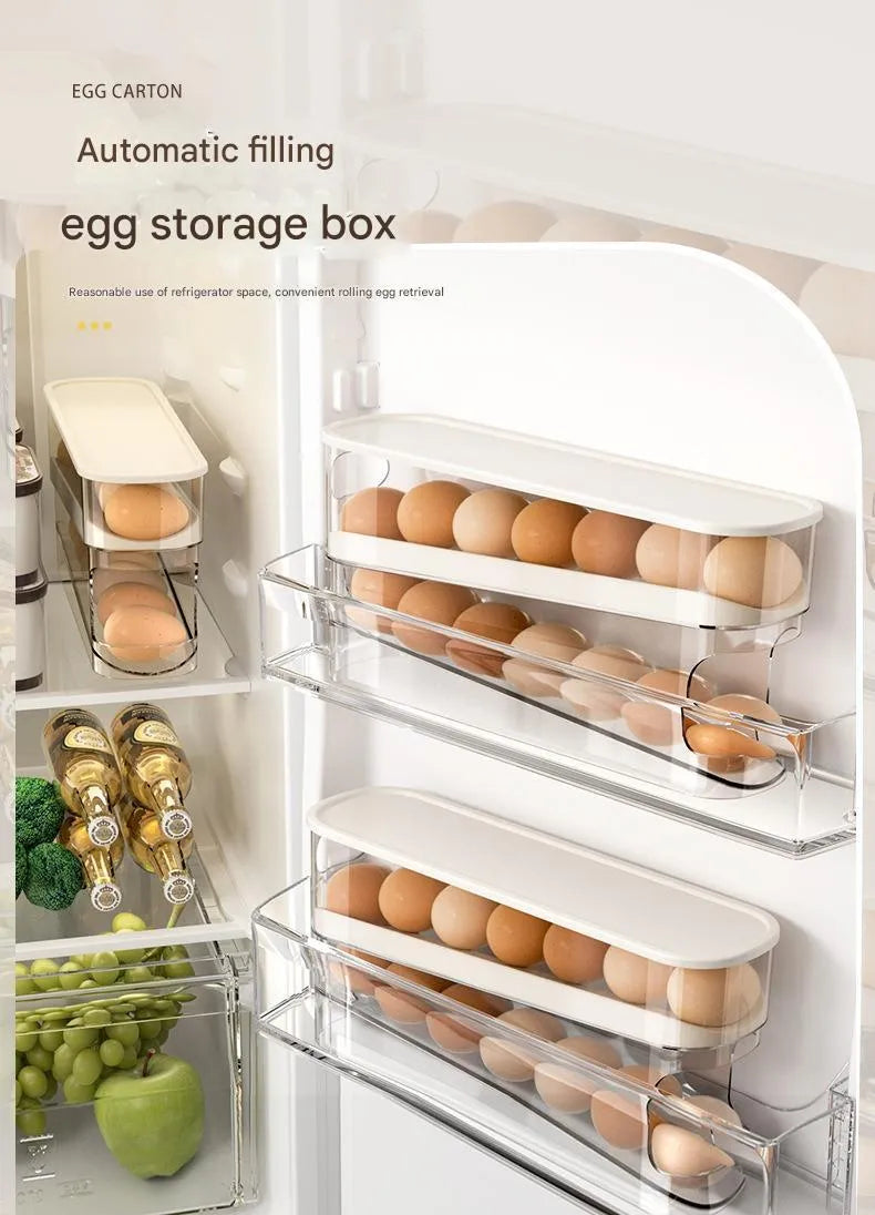 Clear plastic slide-out egg tray dispenser holding 12 eggs on refrigerator side door shelf