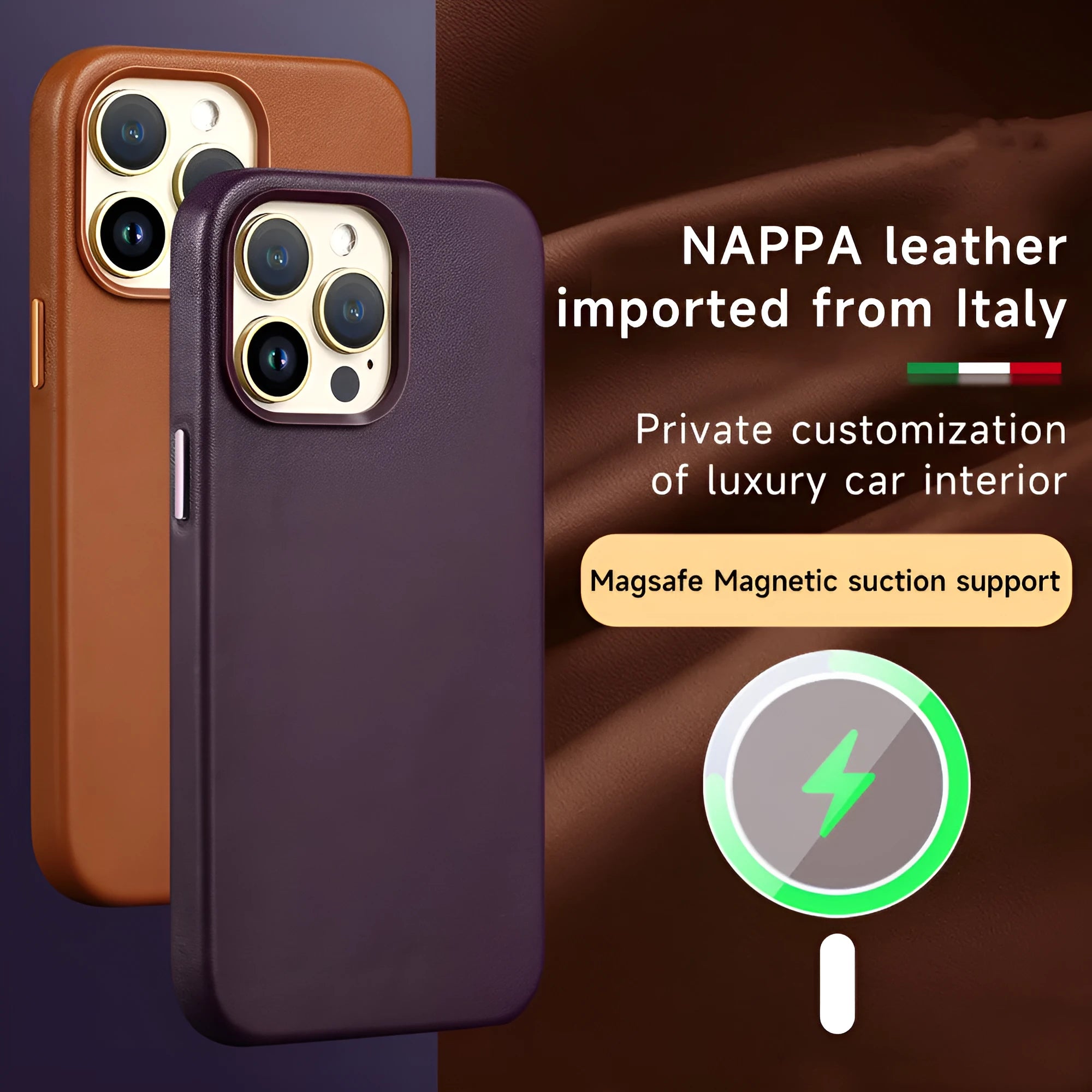 Berry Purple genuine leather magnetic phone case for iPhone showing magnetic adsorption feature.