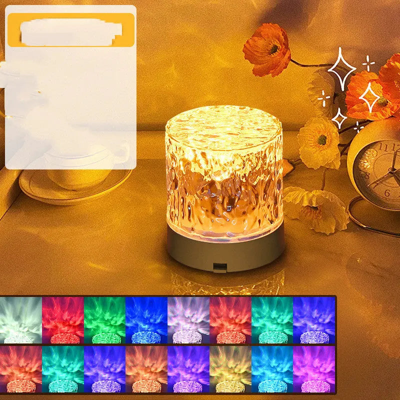 Crystal water ripple projector night light with acrylic lampshade, USB charging and touch control on a table