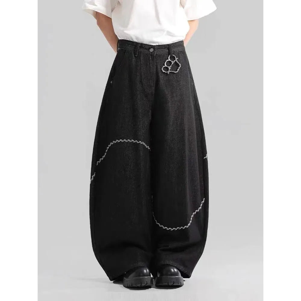Black straight-leg casual trousers with micro-elastic waistband and zip fly opening