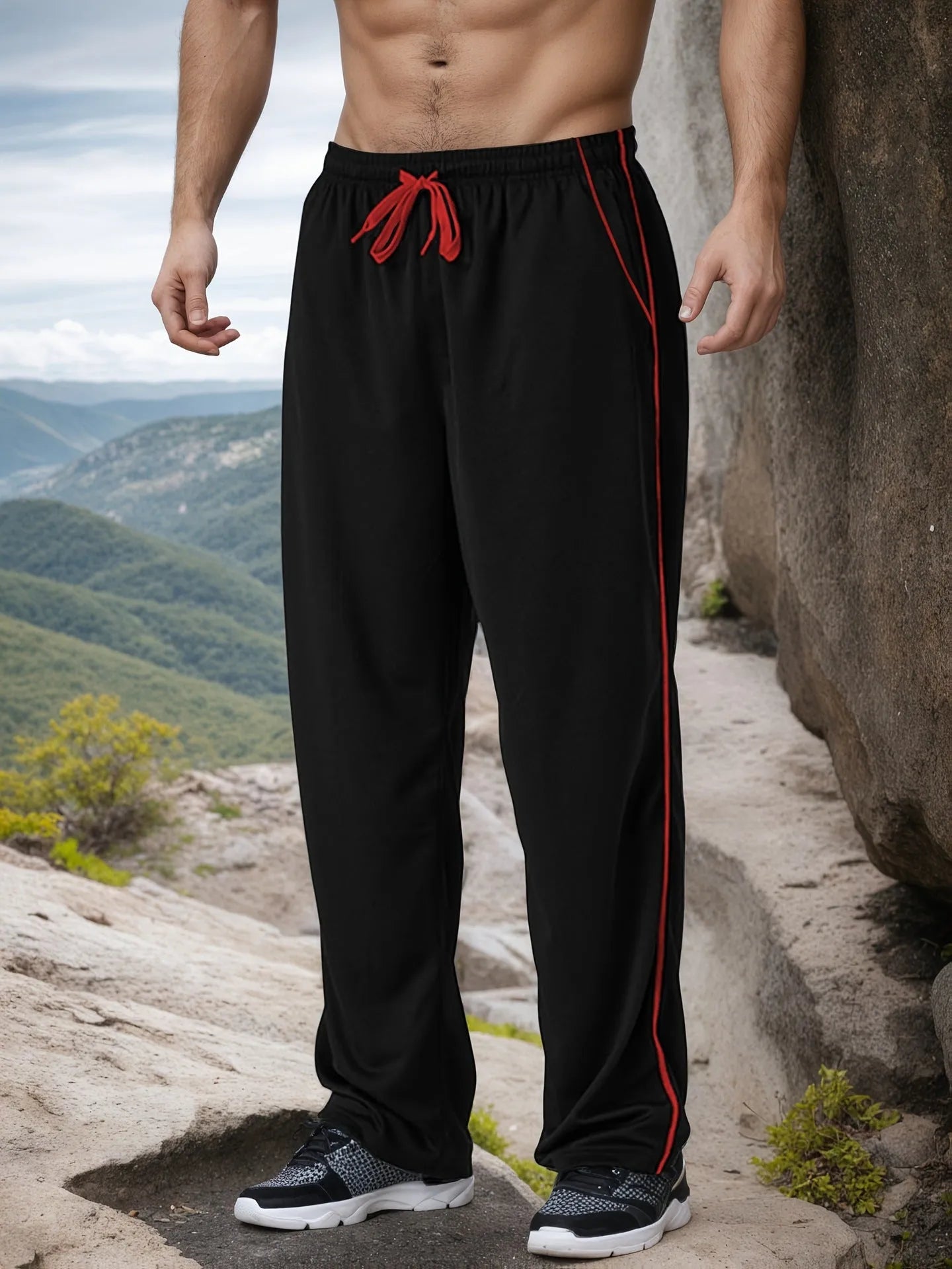 Men's loose sports jogging pants in black green with high waist and straight leg bamboo fibre fabric