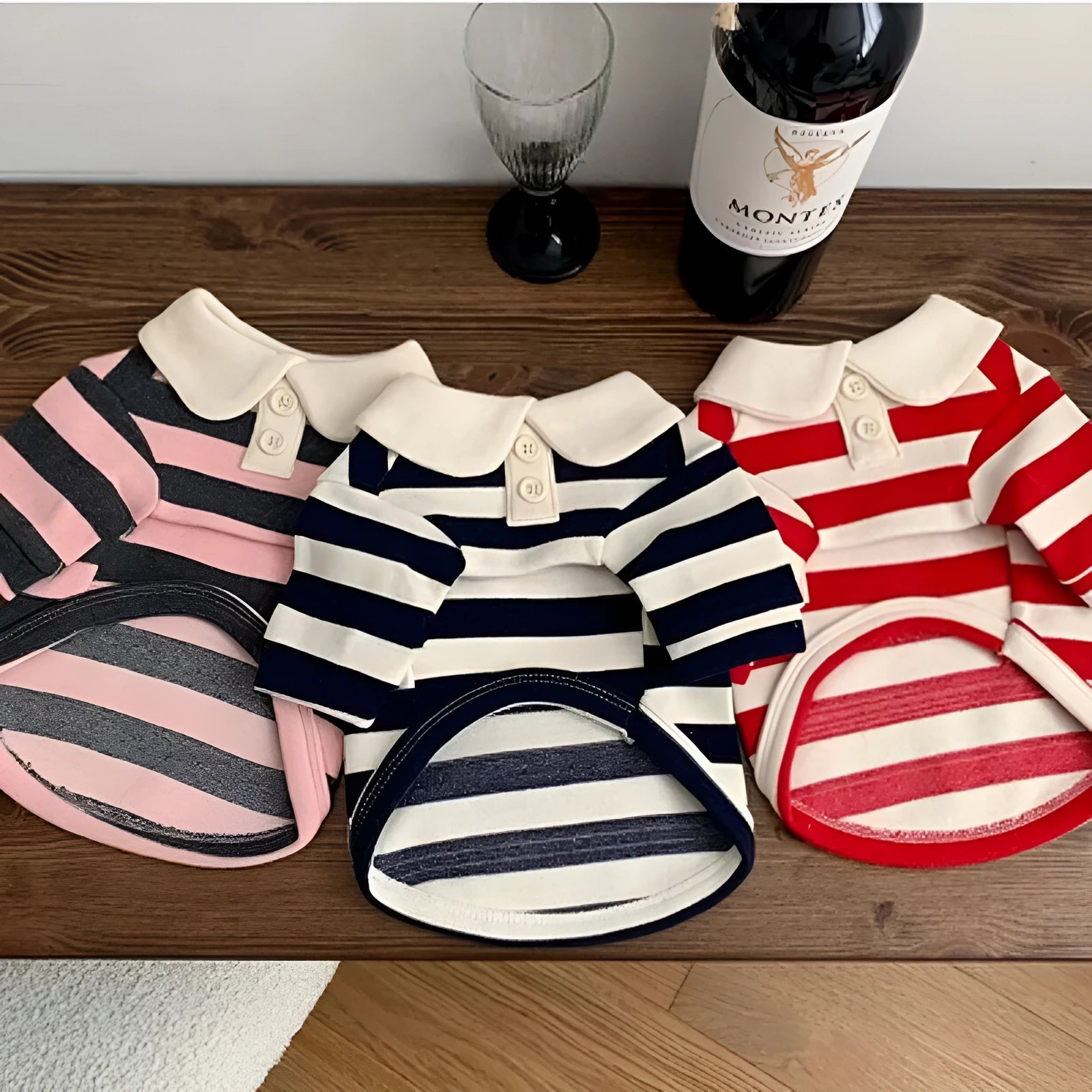 Cute dog polo shirt with striped collar for male puppy, breathable fabric, black colour