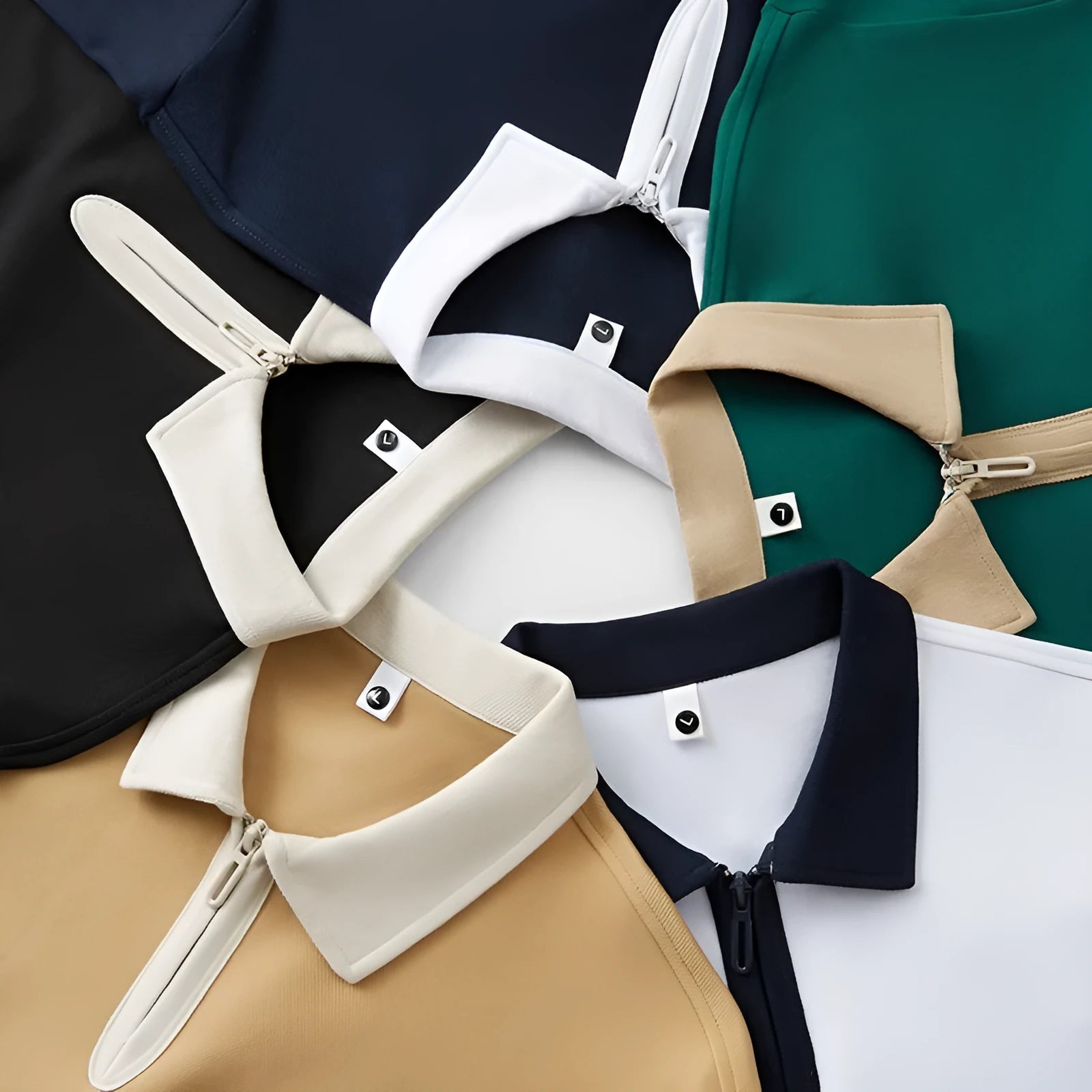 Man wearing a solid colour zipper and lapel polo shirt with short sleeves in a loose fit.