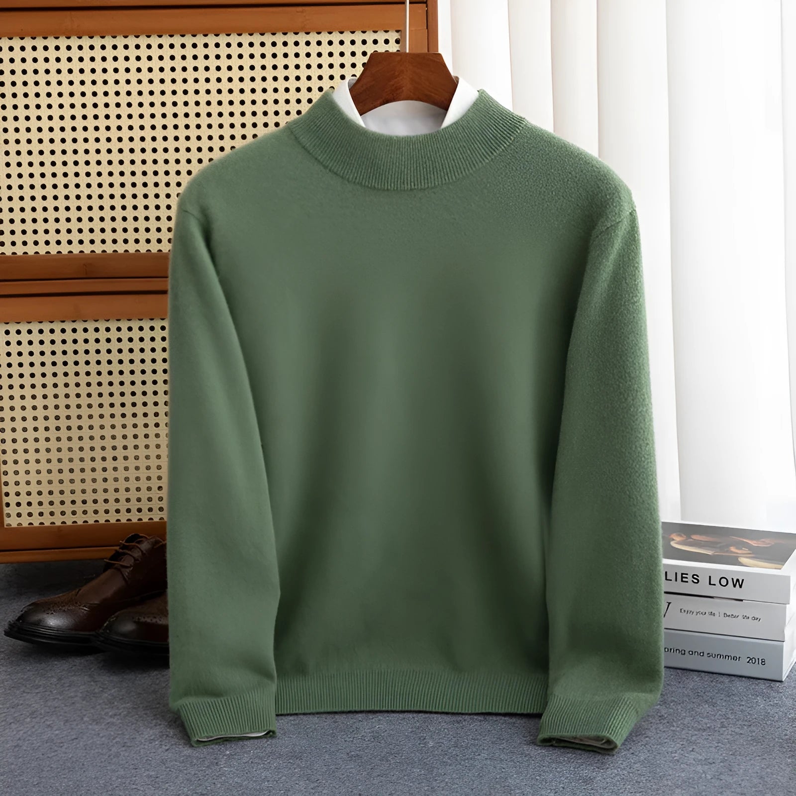 Men's loose fit half turtleneck wool sweater in rough yarn, shown in a range of colours.