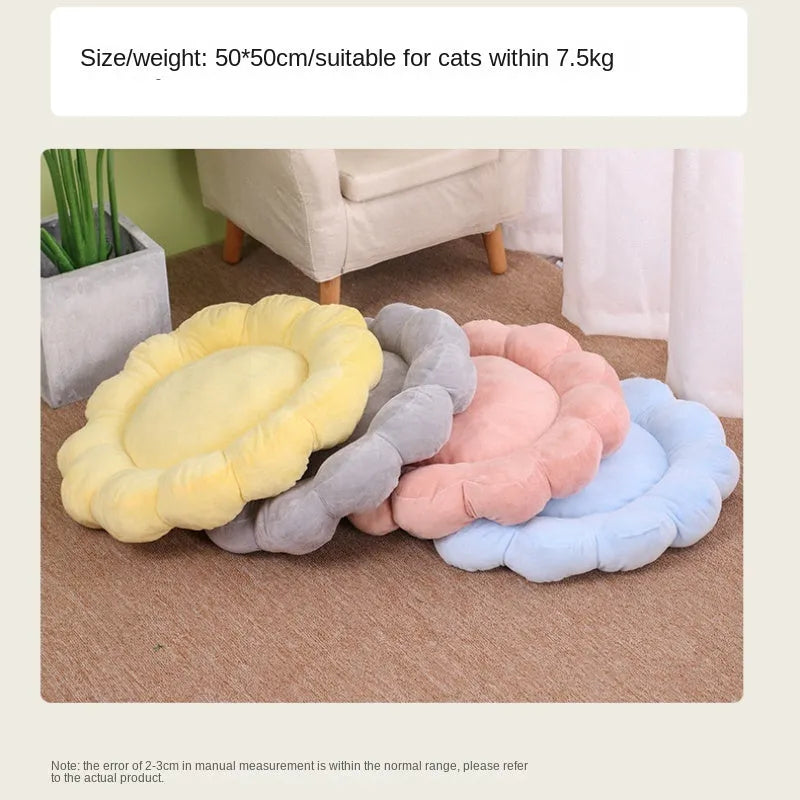 Blue half-surrounded petal design plush pet bed measuring 50x50cm for cats and small dogs