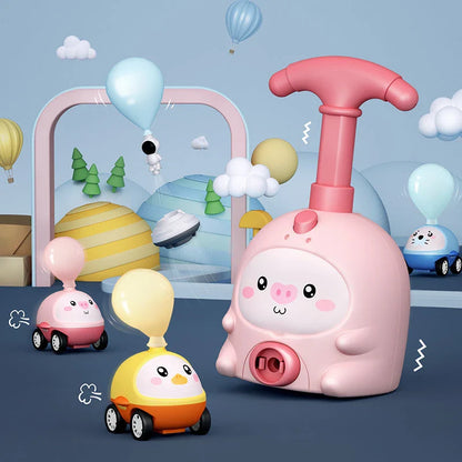 Colorful balloon-powered car toy with various animal designs, featuring a launch tower and balloons for children to propel the car using air power