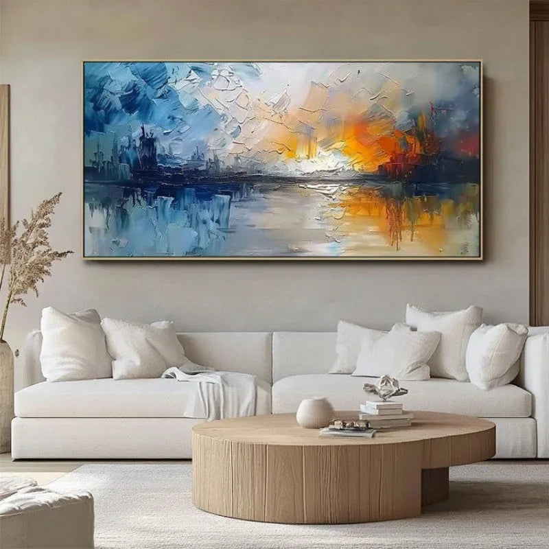 Hand-painted abstract landscape oil painting on canvas, horizontal modern wall art without inner frame, large size options