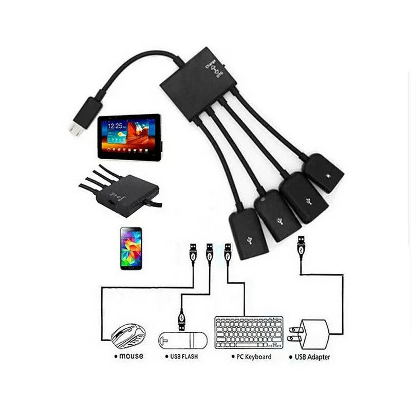 Black Micro USB OTG one-to-four adapter cable with switch and three USB ports