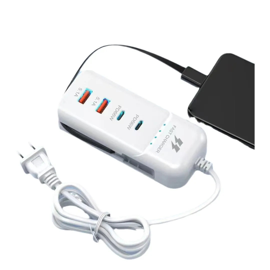 White multi-port power strip with USB interface, Type-C line, and PD charger version, available with EU or US power supply