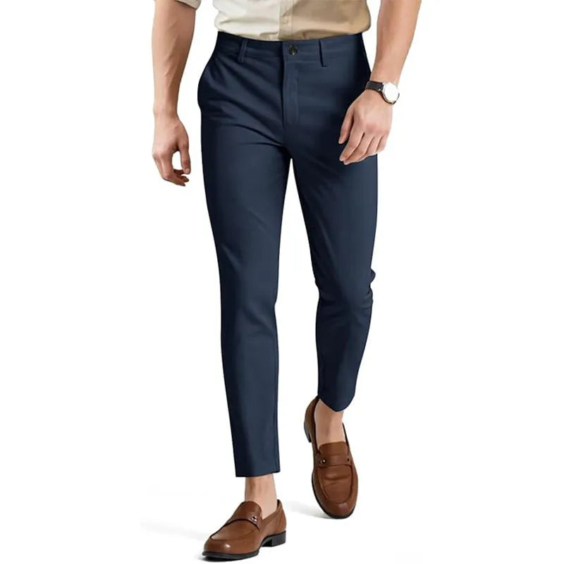 Men's slim fit elastic cotton casual pants in British style, available in multiple colours including black and khaki