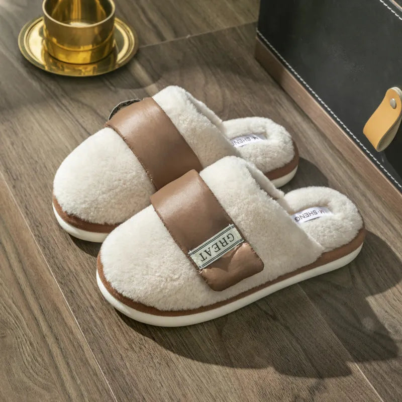 Beige plush cotton indoor slippers with Velcro strap and non-slip plastic sole.
