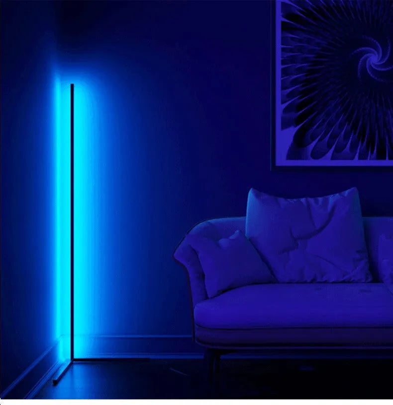 Nordic RGB corner floor lamp with aluminium shade, PVC body, 1.42m height, black stand, remote control