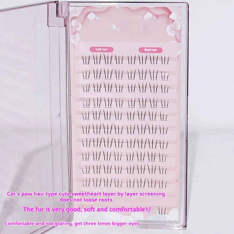 Kitten's Paw false eyelashes showing 12 rows of long, spiky tail lashes on a sheer band.