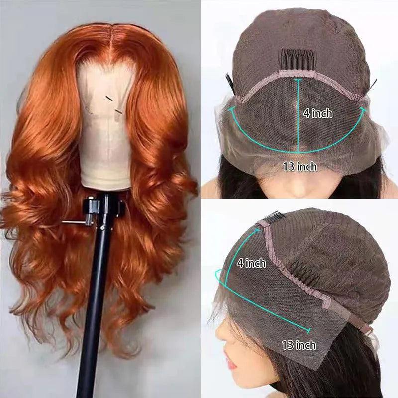 Dark orange real human hair wig with smooth texture on a mannequin head, available in various lengths and densities.