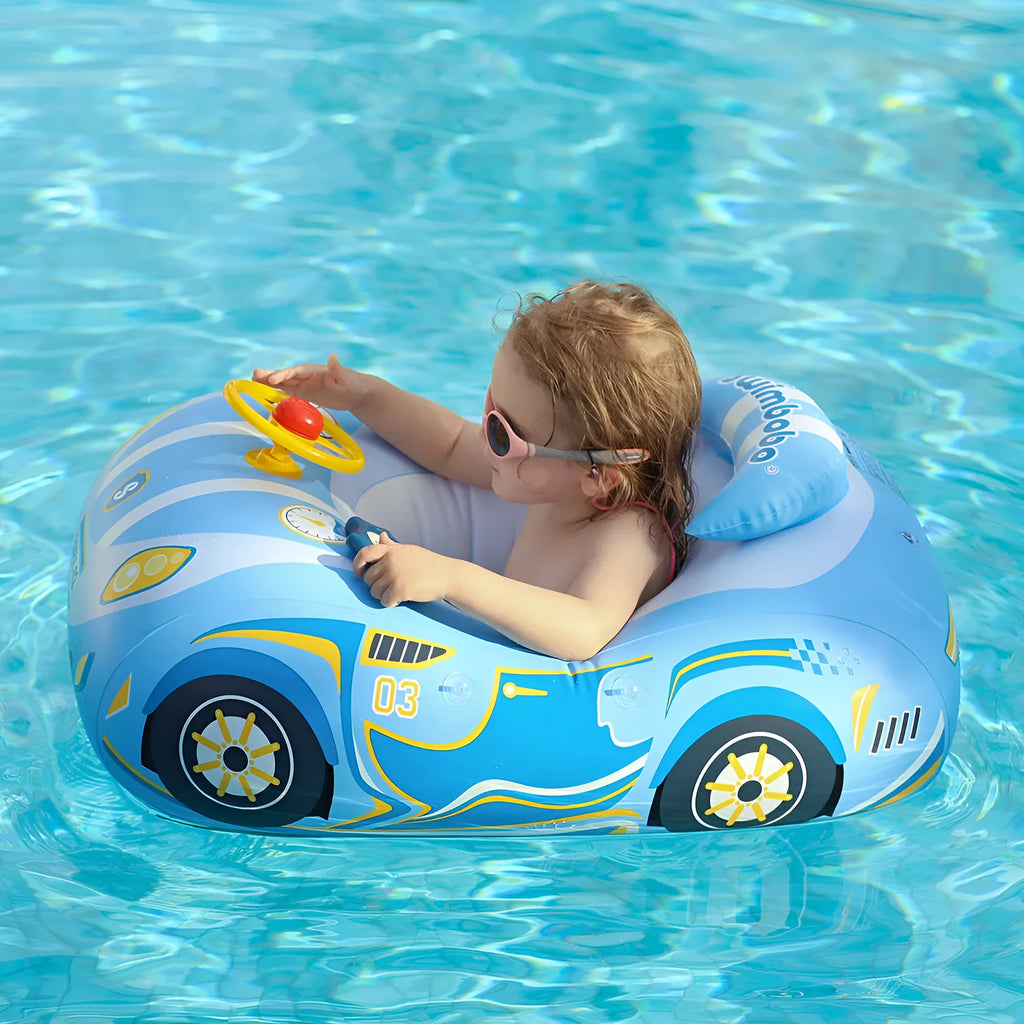 Pink children's inflatable swimming ring with mini steering wheel and sports car boat cartoon design