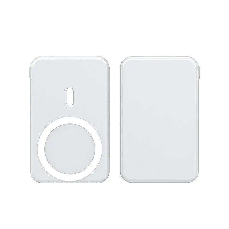 Small portable power bank with magnetic wireless charging for iPhone in black, blue or white colours