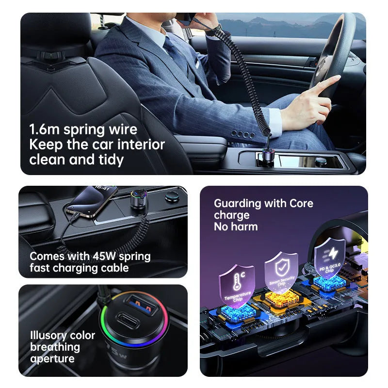 Black T26 75W USB-C car charger with spring wire, 5A Type-C fast charging adapter for vehicle socket