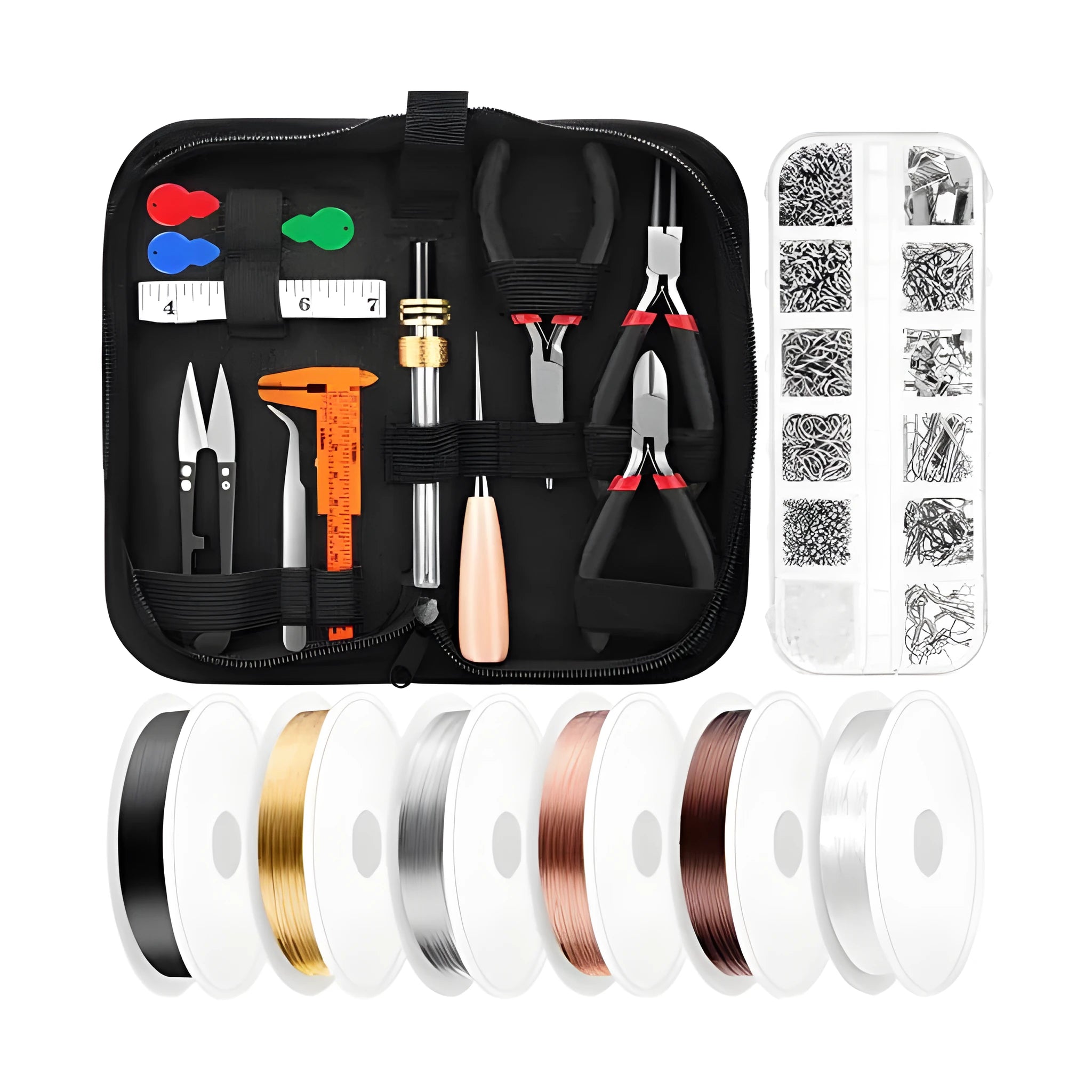 Open jewellery making repair kit with metal beads, copper wire, thread threaders, and pliers in a 23x13x8cm box