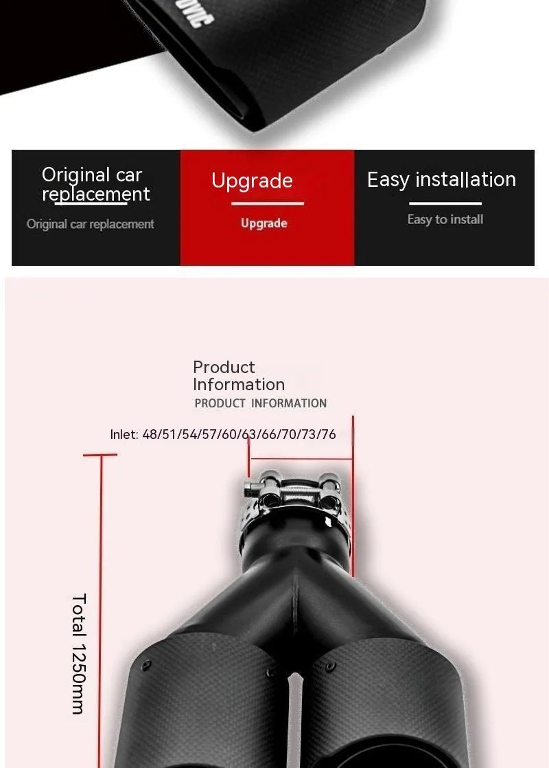 Black carbon fibre car exhaust pipe with dual outlet design showing 250mm length