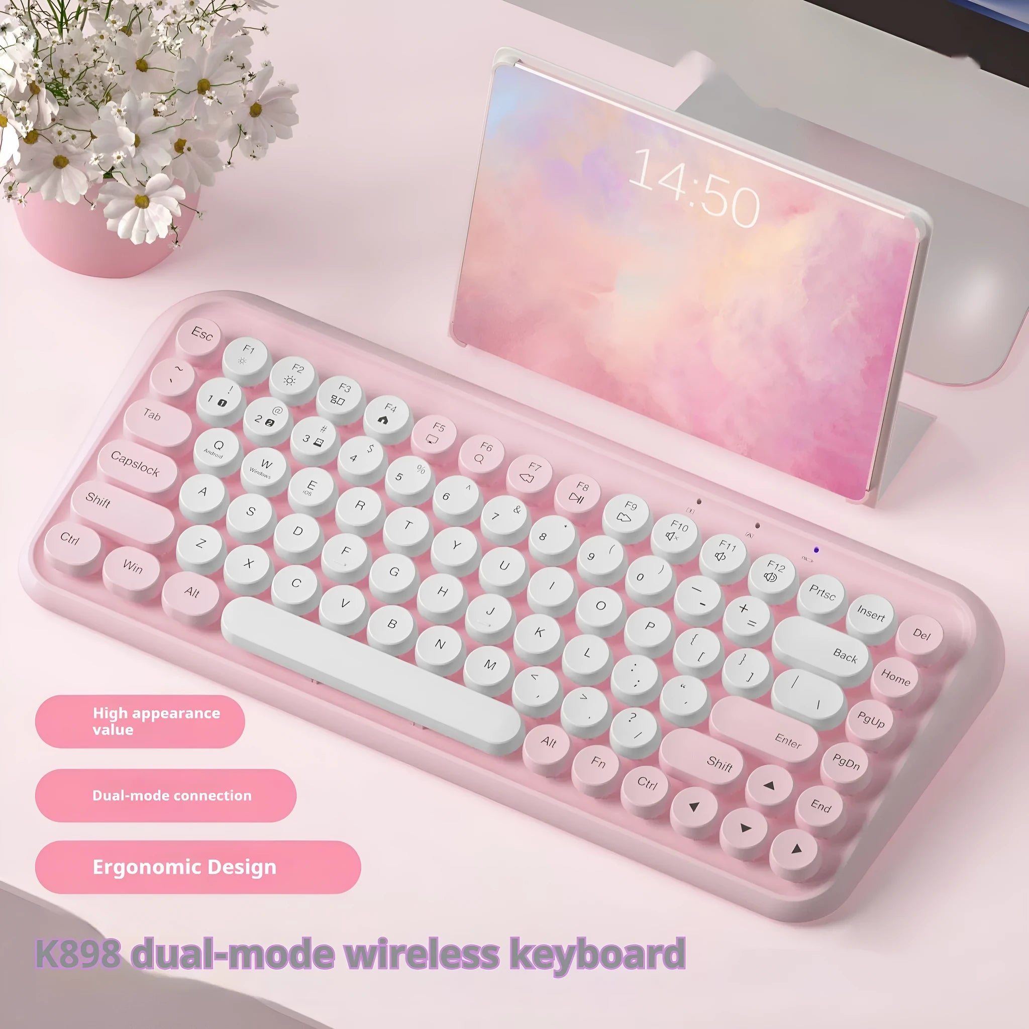Pink wireless Bluetooth keyboard with 84 keys showing crater architecture button technology