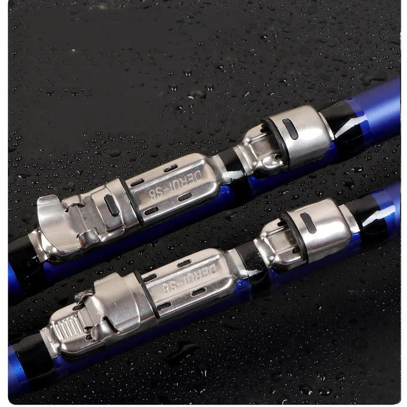 Blue carbon rock fishing rod telescopic design on rocky shore for sea fishing