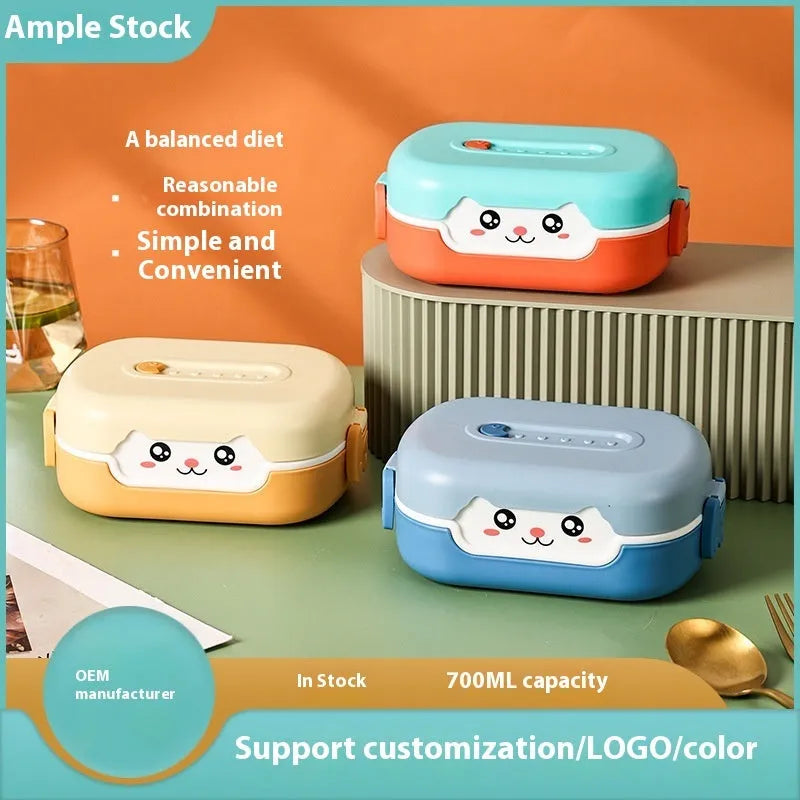 Square divided plastic lunch box in dark blue, orange yellow, and pink and green colour options