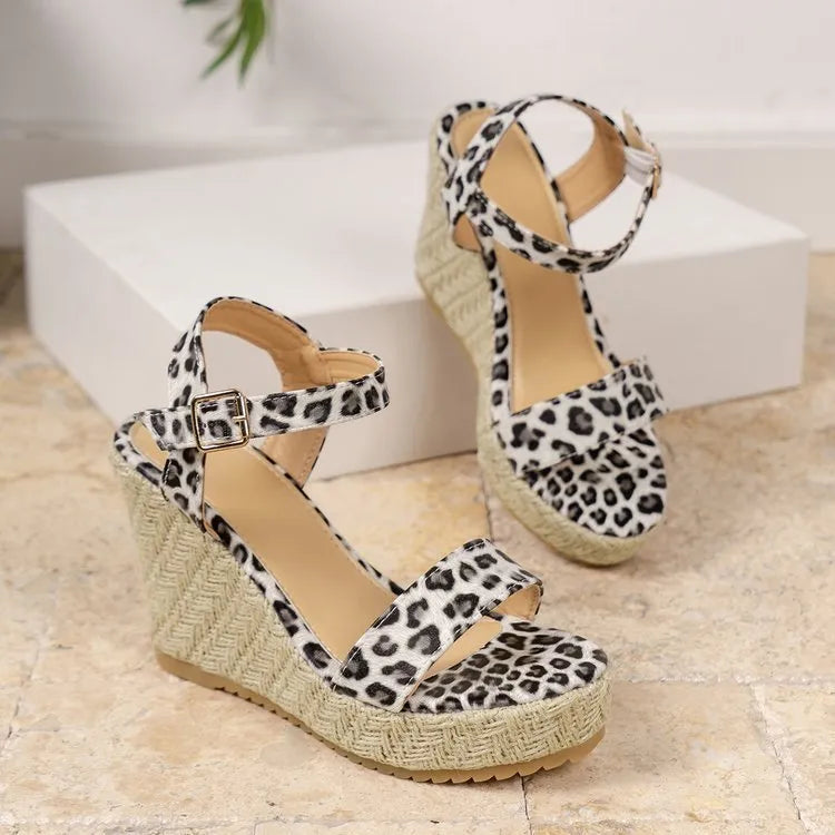 Belt buckle new leopard wedge women's sandals in brown leopard print with rubber sole and round toe