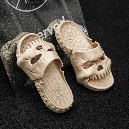 Spooky skull-patterned slide sandals in various colors, perfect for indoor and outdoor wear during the Halloween season