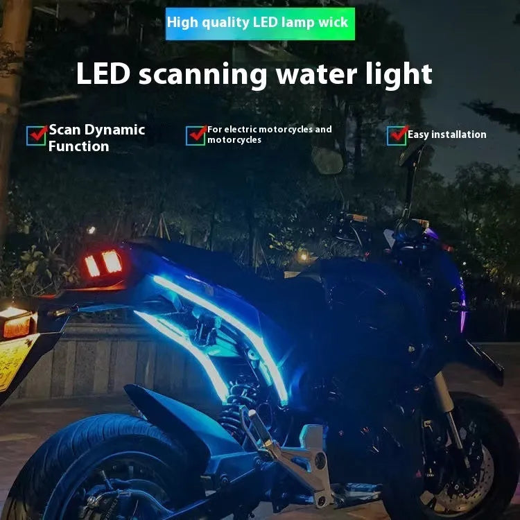 Motorcycle steering column with installed PVC LED strip creating a running water ambience light effect in blue to yellow colours.