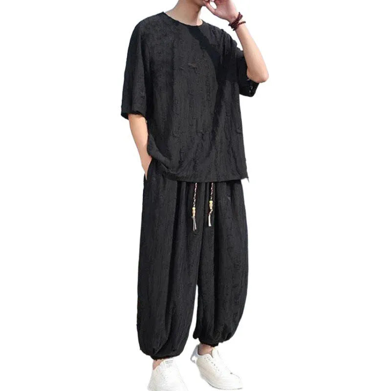 Men's thin loose two-piece suit with knitwear jacket and cropped pants in national style