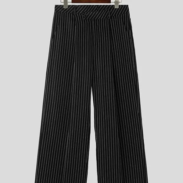 Black men's casual trousers with vertical stripes and front pleats laid flat.