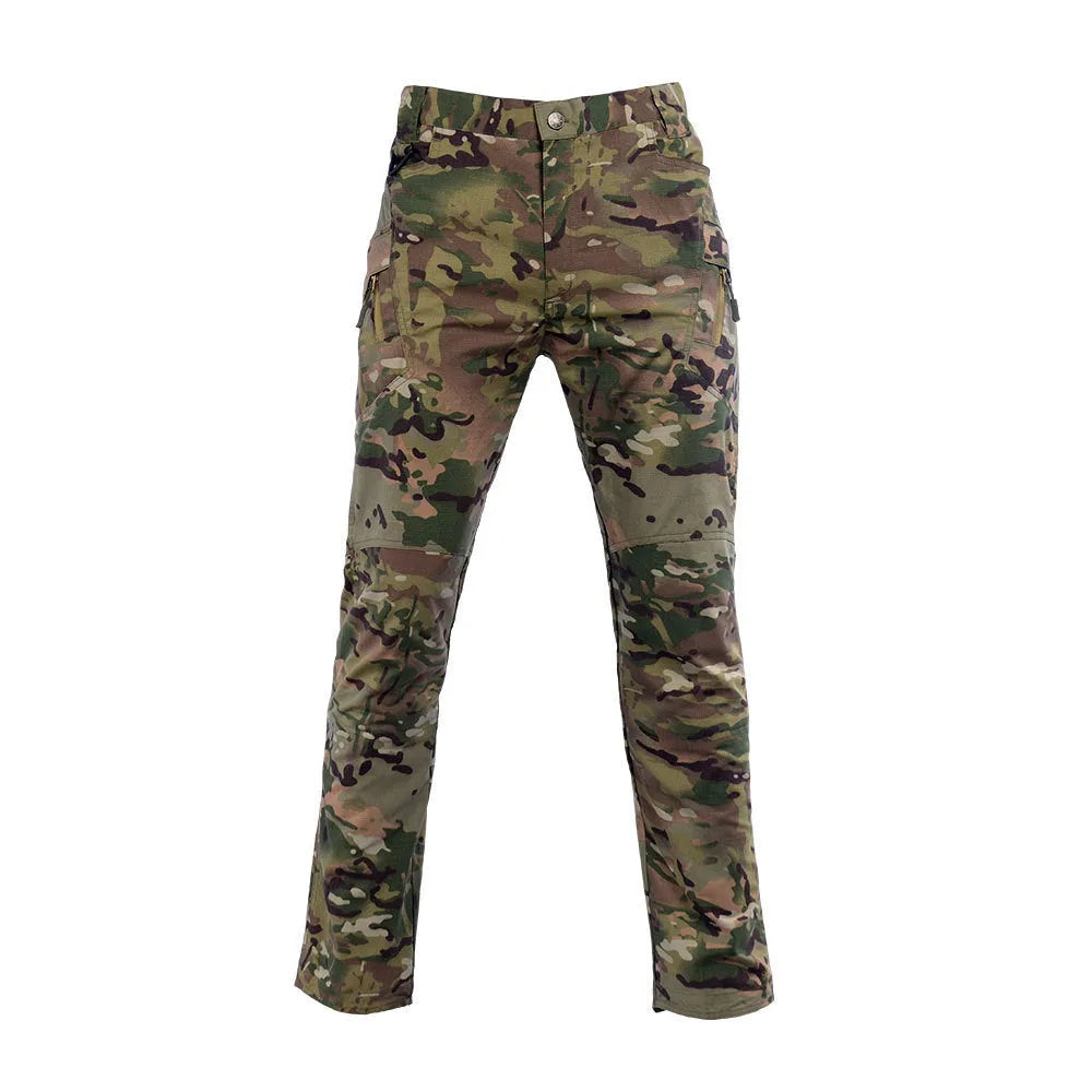 Men's khaki camouflage cargo trousers with straight leg and multiple pockets, cotton blend outdoor hiking trousers