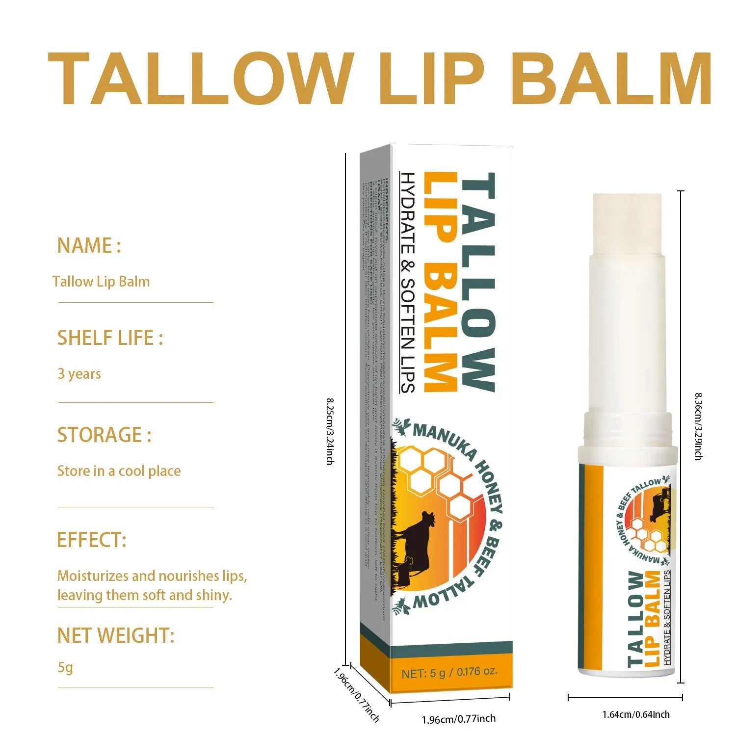A 5g tallow lip balm stick in a silver tin case measuring 83mm long.