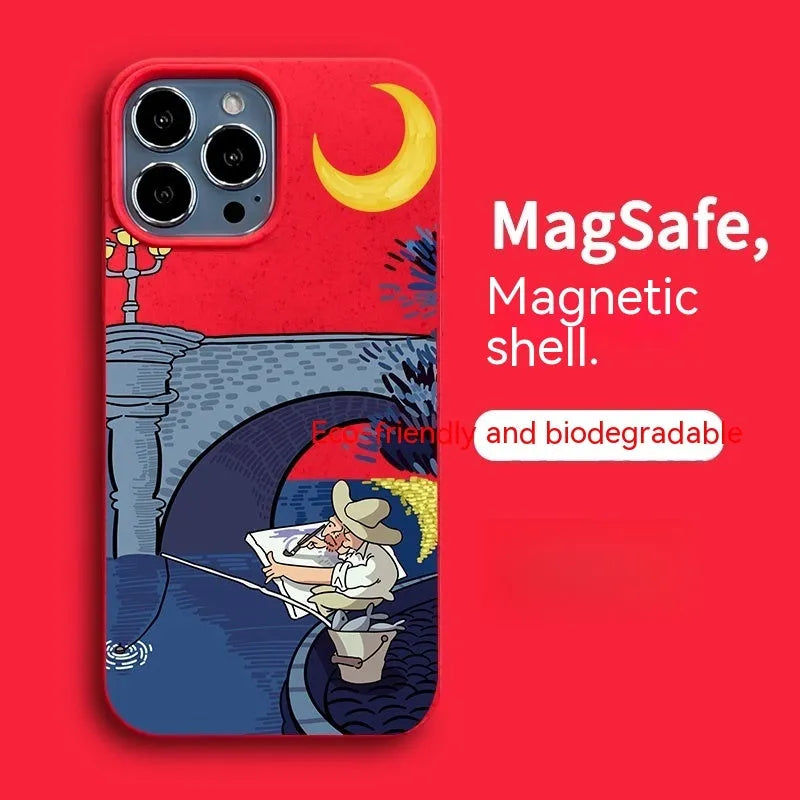 Magnetic phone case with retro oil painting design in green for iPhone 14 Pro Max